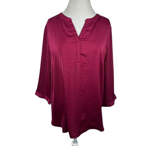 Chico's Magenta Popover Blouse Split V-Neck Satin Flowly Chic Size 3 = XL